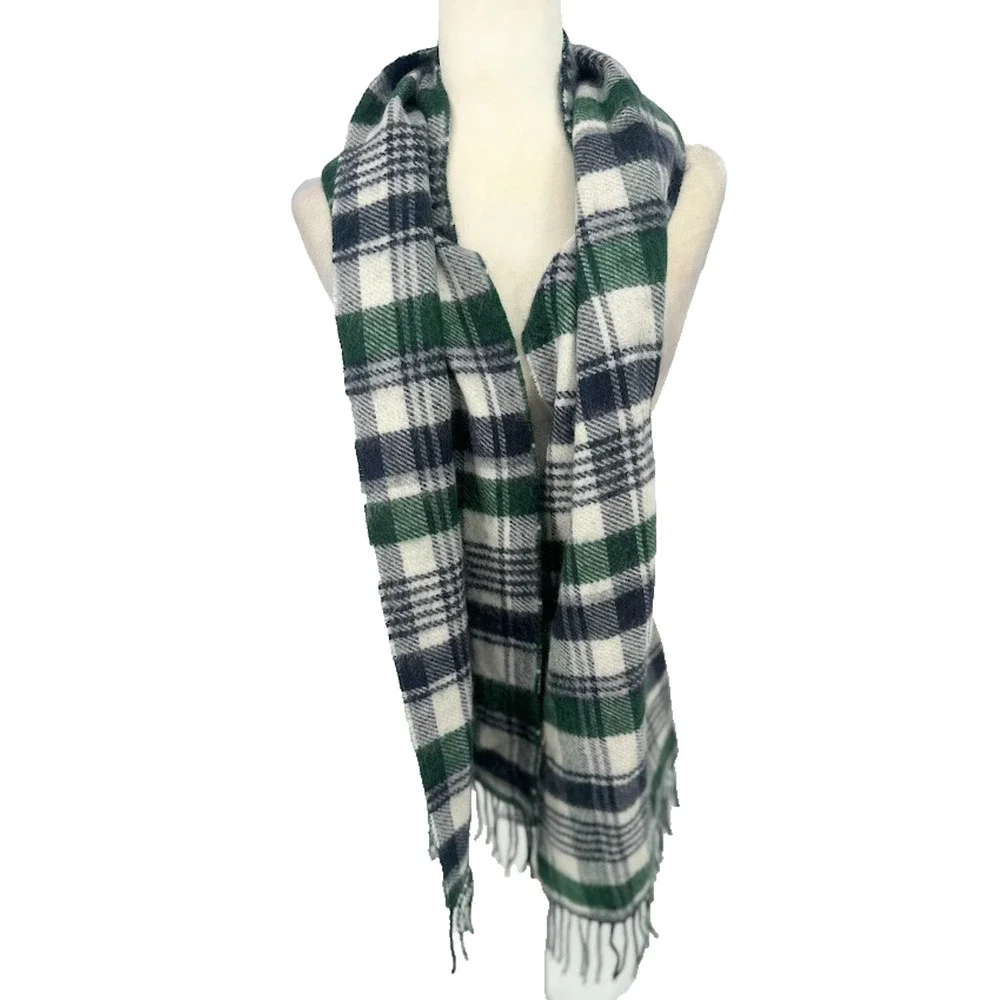 Jos A‎ Bank Plaid Scarf Blue Green Reversible 100% Soft Acrylic Fringe Preppy